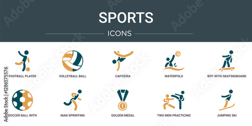set of 10 outline web sports icons such as football player with ball, volleyball ball, capoeira, waterpolo, boy with skatingboard, soccer ball with pentagons, man sprinting vector icons for report,