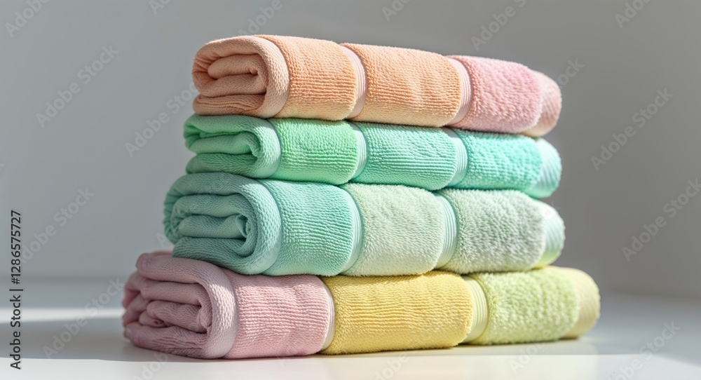 Colorful Stack of Soft Towels in Various Bright Shades for Home and Bath Use. Colorful Stack of Soft Towels in Various Bright Shades for Home and Bath Use.