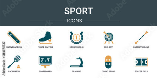 set of 10 outline web sport icons such as snowboarding, figure skating, horse racing, archery, baton twirling, badminton, scoreboard vector icons for report, presentation, diagram, web design,