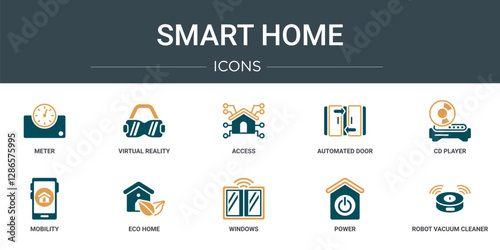 set of 10 outline web smart home icons such as meter, virtual reality, access, automated door, cd player, mobility, eco home vector icons for report, presentation, diagram, web design, mobile app