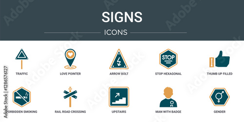 set of 10 outline web signs icons such as traffic, love pointer, arrow bolt, stop hexagonal, thumb up filled gesture, forbidden smoking, rail road crossing cross vector icons for report,