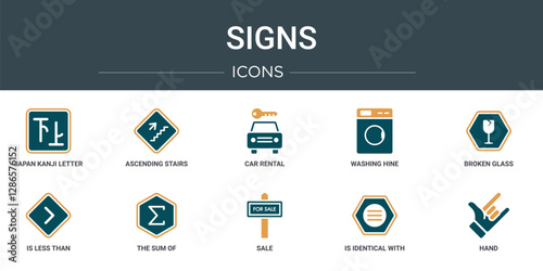 set of 10 outline web signs icons such as japan kanji letter, ascending stairs, car rental, washing hine, broken glass, is less than, the sum of vector icons for report, presentation, diagram, web