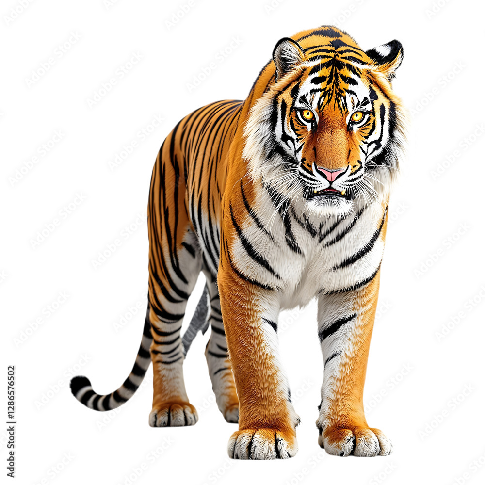 Fototapeta premium Tiger full body portrait with fierce yellow eyes isolated on white background