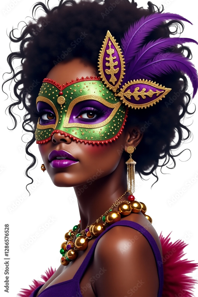 features a glamorous woman with dark curly hair wearing an elaborate green and purple Mardi Gras masquerade mask adorned with gold details and feathers, accessorized with matching jewelry and a gorgeo features a glamorous woman with dark curly hair wearing an elaborate green and purple Mardi Gras masquerade mask adorned with gold details and feathers, accessorized with matching jewelry and a gorgeo
