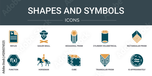 set of 10 outline web shapes and symbols icons such as reflex, sailor skull, hexagonal prism, cylinder volumetrical, rectangular prism, function, horseman vector icons for report, presentation,