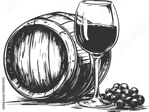 Vintage illustration of wine barrel, glass, and grapes in black and white.