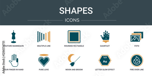 set of 10 outline web shapes icons such as couture mannequin, multiple line, rounded rectangle, gauntlet, foto, four finger in hand, pure love vector icons for report, presentation, diagram, web