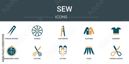 set of 10 outline web sew icons such as thread nippers, spokes, clothespin, clothing, garment, embroidery hoop, cutting vector icons for report, presentation, diagram, web design, mobile app