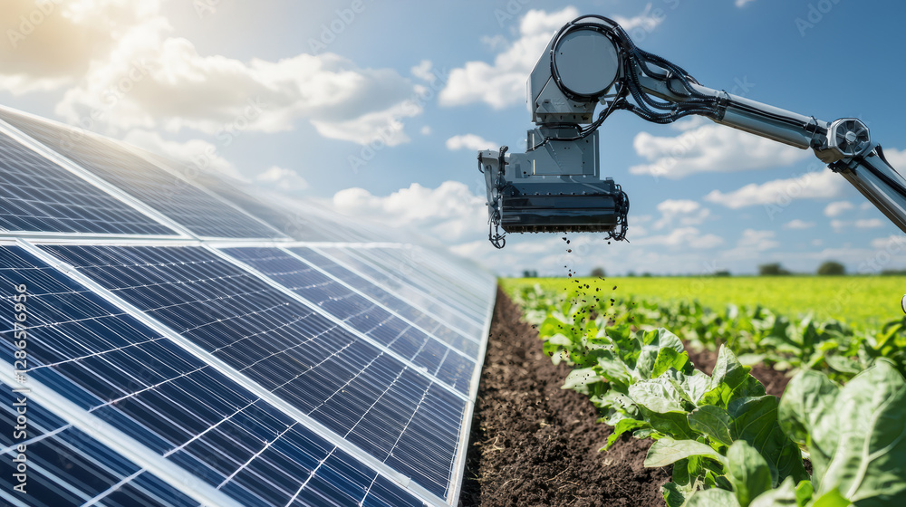 Solar-powered robotic farmer planting seeds with pinpoint accuracy, equipped with AI soil analysis to determine the best locations for optimal growth Solar-powered robotic farmer planting seeds with pinpoint accuracy, equipped with AI soil analysis to determine the best locations for optimal growth