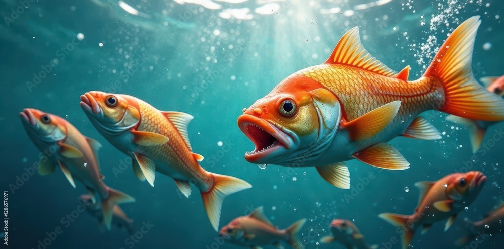 School of fish surfacing, open mouths, water clouded with bubbles , environmental issues, biological damage School of fish surfacing, open mouths, water clouded with bubbles , environmental issues, biological damage