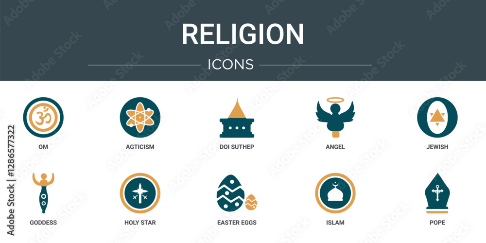 set of 10 outline web religion icons such as om, agticism, doi suthep, angel, jewish, goddess, holy star vector icons for report, presentation, diagram, web design, mobile app