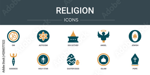set of 10 outline web religion icons such as om, agticism, doi suthep, angel, jewish, goddess, holy star vector icons for report, presentation, diagram, web design, mobile app