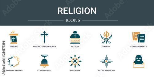 set of 10 outline web religion icons such as tribune, aaronic order church, vatican, sikhism, commandments, crown of thorns, standing bell vector icons for report, presentation, diagram, web design,