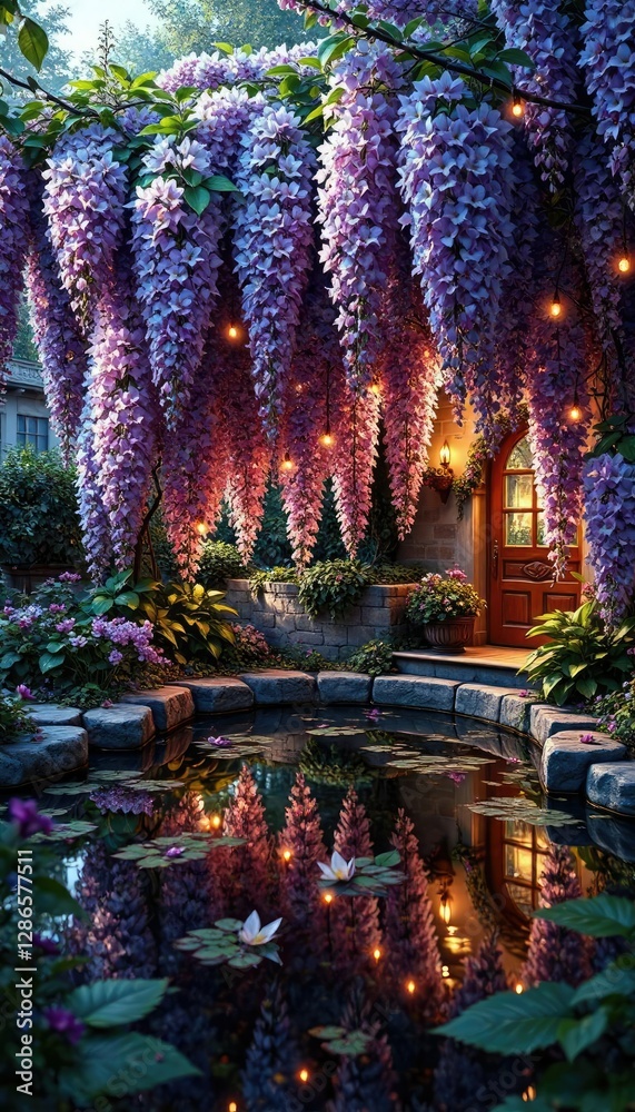 Fototapeta premium Wisteria blooms illuminated by fairy lights and reflected in a small pond , fairy lights, soft light, wisteria