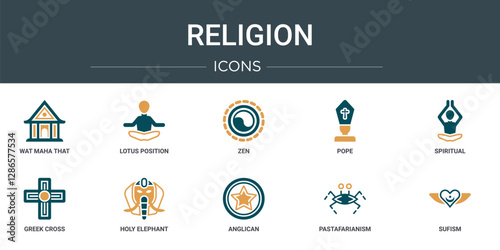set of 10 outline web religion icons such as wat maha that, lotus position, zen, pope, spiritual, greek cross, holy elephant vector icons for report, presentation, diagram, web design, mobile app