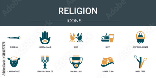 set of 10 outline web religion icons such as shehnai, hamsa hand, ohr, diet, jewish incense, lamb of god, jewish candles vector icons for report, presentation, diagram, web design, mobile app