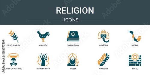 set of 10 outline web religion icons such as israel barley, chicken, torah book, ganesha, shofar, laver of washing, burning bush vector icons for report, presentation, diagram, web design, mobile