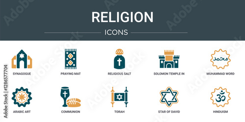set of 10 outline web religion icons such as synagogue, praying mat, religious salt, solomon temple in jerusalem, muhammad word, arabic art, communion vector icons for report, presentation, diagram,