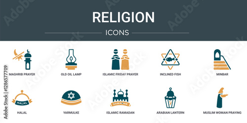 set of 10 outline web religion icons such as maghrib prayer, old oil lamp, islamic friday prayer, inclined fish, minbar, halal, yarmulke vector icons for report, presentation, diagram, web design,