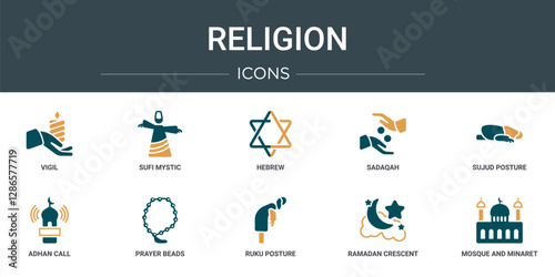 set of 10 outline web religion icons such as vigil, sufi mystic, hebrew, sadaqah, sujud posture, adhan call, prayer beads vector icons for report, presentation, diagram, web design, mobile app