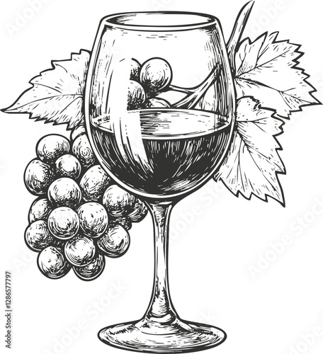 Vintage sketch of a wine glass with grapes and leaves illustration.