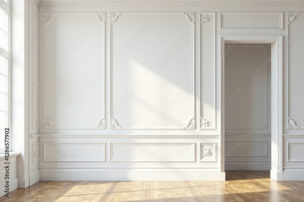 Fototapeta premium White wall with ornate molding, ample copy space , line, arch, wallpaper