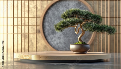 Japanese Abstract: Podium And Bonsai Tree In Brown For Product Presentation Rendering. photo