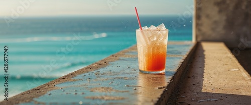 Iced drink with sea view for refreshment and holiday vibes