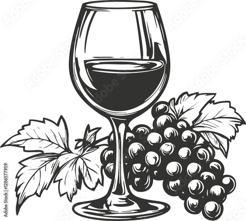 Black and white illustration of wine glass with grapes and leaves.