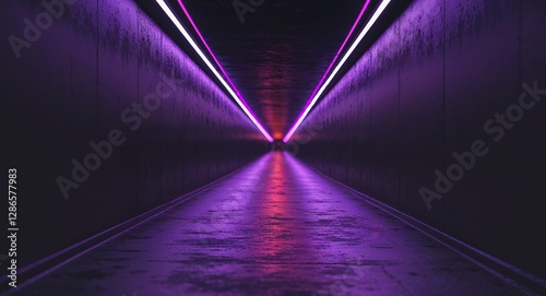 Neon Lights Illuminate Dark Hallway with Depth and Perspective
