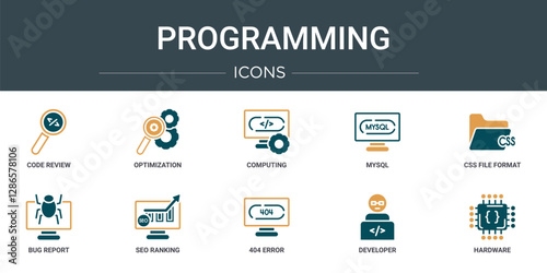 set of 10 outline web programming icons such as code review, optimization, computing, mysql, css file format, bug report, seo ranking vector icons for report, presentation, diagram, web design,