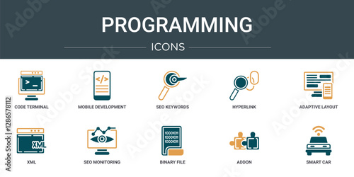 set of 10 outline web programming icons such as code terminal, mobile development, seo keywords, hyperlink, adaptive layout, xml, seo monitoring vector icons for report, presentation, diagram, web