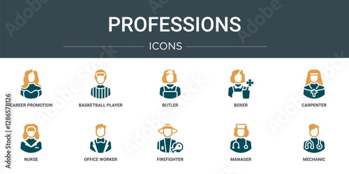 set of 10 outline web professions icons such as career promotion, basketball player, butler, boxer, carpenter, nurse, office worker vector icons for report, presentation, diagram, web design, mobile