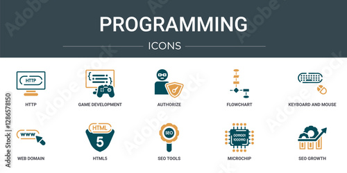 set of 10 outline web programming icons such as http, game development, authorize, flowchart, keyboard and mouse, web domain, html5 vector icons for report, presentation, diagram, web design, mobile