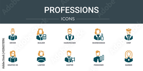 set of 10 outline web professions icons such as driver, builder, hairdresser, businessman, chef, graphic de, lawyer vector icons for report, presentation, diagram, web design, mobile app