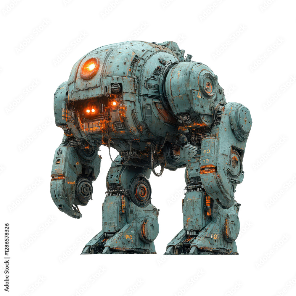 Imposing Futuristic Mech Robot, Sci-Fi Military Machine, Aged Metal Construction, Glowing Lights Imposing Futuristic Mech Robot, Sci-Fi Military Machine, Aged Metal Construction, Glowing Lights