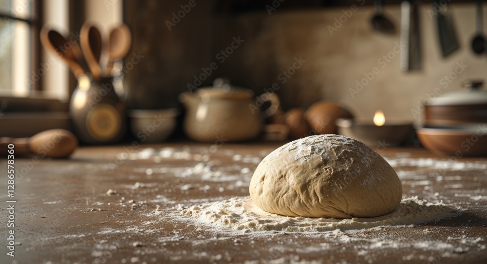 Dough ball resting on a floured surface ready for rolling in a cozy kitchen setting. Dough ball resting on a floured surface ready for rolling in a cozy kitchen setting.