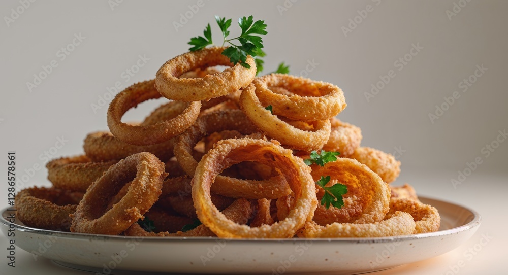 A pile of crispy fried onion rings served on a plate ready to be enjoyed as a snack or appetizer