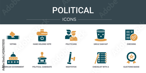 set of 10 outline web political icons such as voting, hand holding vote paper, politicians, uncle sam hat, checking, american government building, political candidate speech vector icons for report,