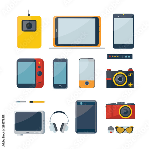 gadget, device, technology, background, modern, digital, vector, 3d, illustration, phone, electronic, mobile, headphones, wireless, equipment, headphone, headset, computer, design, object, hardware, s
