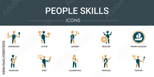 set of 10 outline web people skills icons such as sommelier, actor, barber, rescuer, round sailboat, musician, poet vector icons for report, presentation, diagram, web design, mobile app
