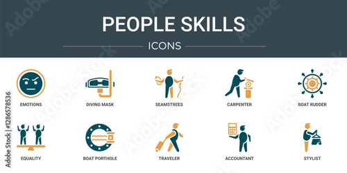 set of 10 outline web people skills icons such as emotions, diving mask, seamstrees, carpenter, boat rudder, equality, boat porthole vector icons for report, presentation, diagram, web design,