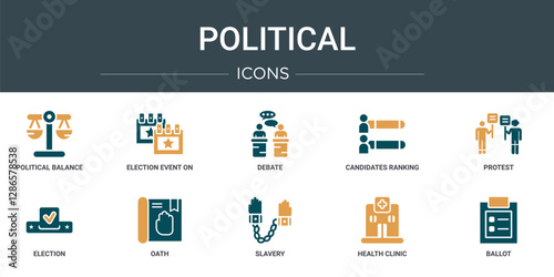 set of 10 outline web political icons such as political balance, election event on a calendar with star, debate, candidates ranking graphic, protest, election, oath vector icons for report,