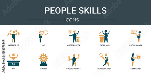 set of 10 outline web people skills icons such as interior de, de, chessplayer, leadership, programmer, dj, award vector icons for report, presentation, diagram, web design, mobile app