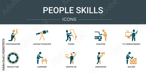 set of 10 outline web people skills icons such as photographer, antique telescope, fisher, chauffer, tv correspondent, rescue tube, gardener vector icons for report, presentation, diagram, web