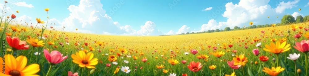 Expansive wildflower field, clear sky overhead, gentle breeze, view, blue sky, green Expansive wildflower field, clear sky overhead, gentle breeze, view, blue sky, green