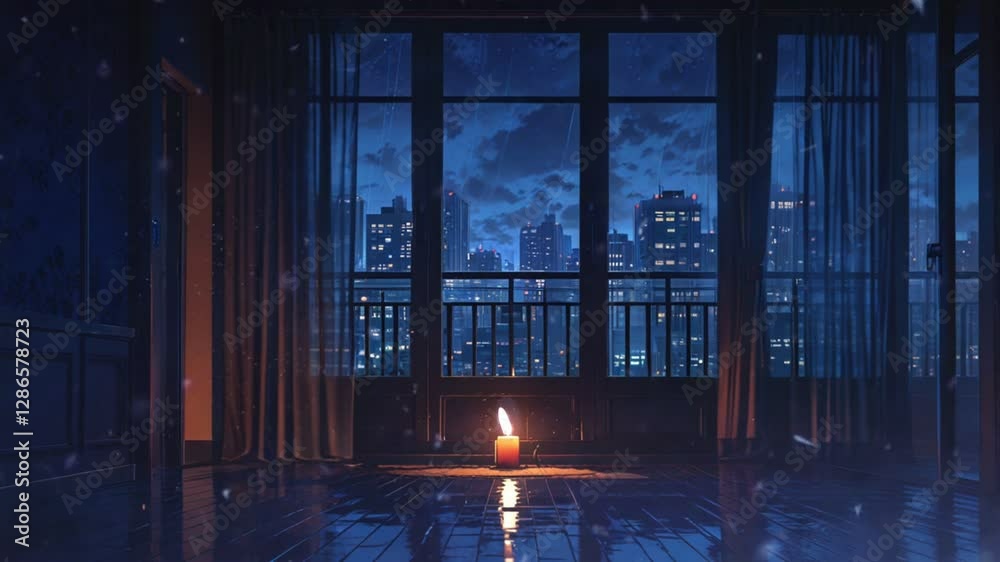 seamless looping 4k time-lapse virtual video animation background of a cozy dimly lit room with an open window, flowing curtains, city night view, candlelight, and peaceful ambiance seamless looping 4k time-lapse virtual video animation background of a cozy dimly lit room with an open window, flowing curtains, city night view, candlelight, and peaceful ambiance
