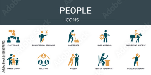 set of 10 outline web people icons such as chat group, businessman standing with yen, garderner, layer working, man riding a horse, family group, relation vector icons for report, presentation,