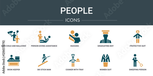 set of 10 outline web people icons such as man child and balloons, person giving assistance, hugging, graduating boy, protective suit, book keeper, ski stick man vector icons for report,