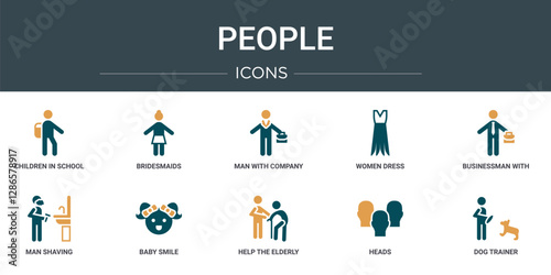 set of 10 outline web people icons such as children in school, bridesmaids, man with company, women dress, businessman with suitcase, man shaving, baby smile vector icons for report, presentation,